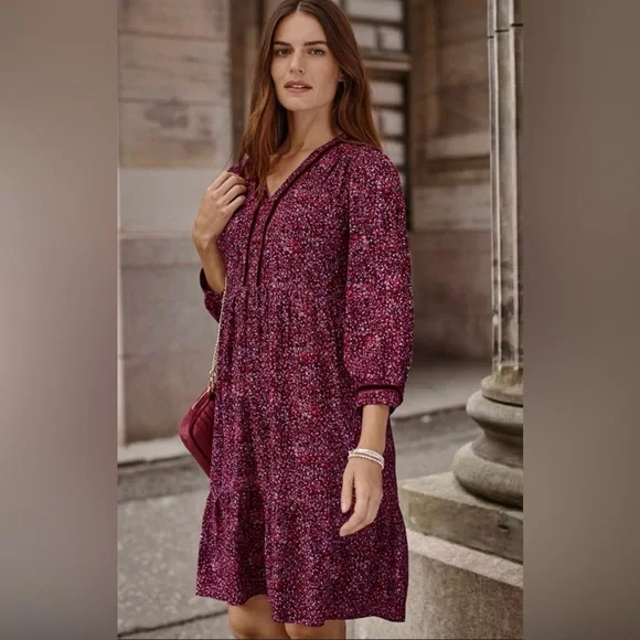 J. Jill Burgundy Floral Print V-Neck Long Sleeve Dress - Picture 1 of 9